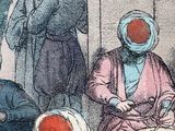a drawing of a group of people in a room