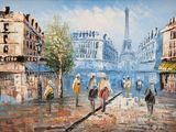 painting of people walking in the rain in a city street