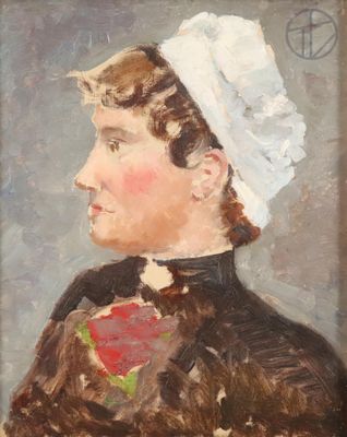 an oil painting of a woman in a brown dress and a white hat