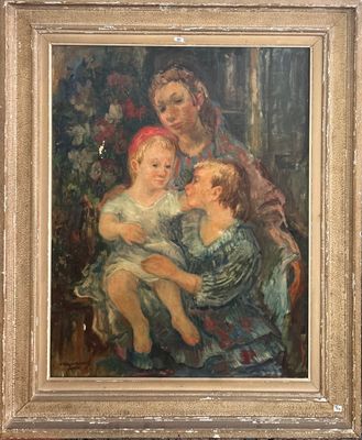 tableau représentant une femme tenant un enfant dans ses bras et un enfant assis sur une chaise