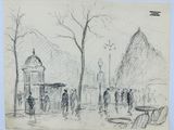 dessin au crayon représentant une scène de rue avec des passants et une tour horloge en arrière-plan