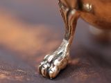 a silver bowl with a foot sticking out of it on a table