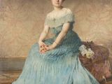 painting of a woman in a blue dress sitting on a chair