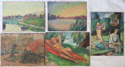 quatre tableaux représentant une femme allongée sur une couverture au bord d'un plan d'eau