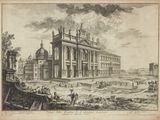 un vieux dessin représentant un grand bâtiment autour duquel se promènent des gens