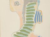 painting of a woman with a green and blue striped scarf