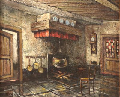 un tableau représentant une cuisine avec une cuisinière et des chaises