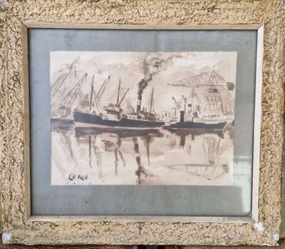 une vieille photo représentant un bateau sur un plan d'eau, d'où s'échappe de la fumée