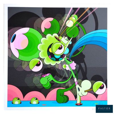 painting of a cartoon character holding a tennis racquet on a tennis court