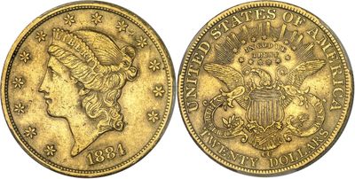a gold coin with a woman ' s head and eagle on it