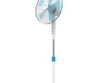 a white and blue fan sitting on top of a white stand