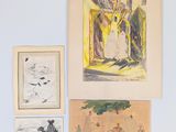 several drawings of people and animals are hanging on a wall