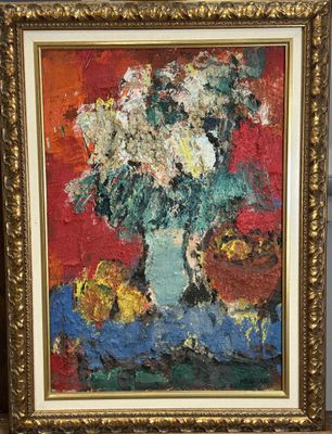 une peinture à l'huile représentant un vase de fleurs sur une table