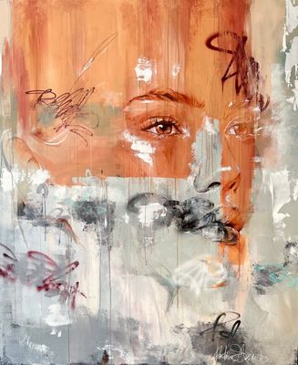 abstract painting of a woman ' s face with orange and white colors