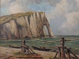 une peinture représentant un bateau sur la plage, près d'une falaise