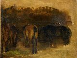 tableau représentant un groupe de chevaux paissant dans un champ, avec des arbres en arrière-plan