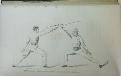 dessin représentant deux hommes en position d'escrime, l'épée à la main