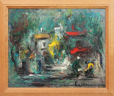 une peinture à l'huile représentant une scène de rue avec des passants et des parapluies sous la pluie