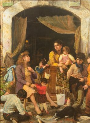 an image of a painting of a family gathering outside a house