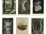six photographies en noir et blanc représentant des arbres, des montagnes et une rivière