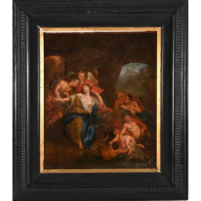 une peinture représentant un groupe de personnes dans un cadre boisé