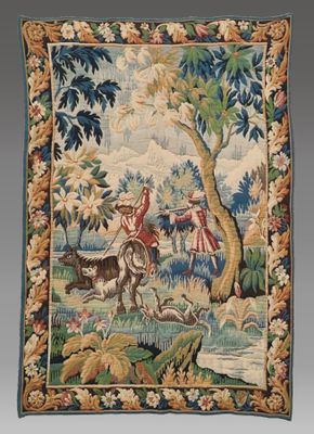 une tapisserie représentant un homme à cheval près d'un arbre