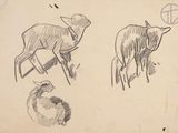 drawing of a sheep and a goat in a field with a peace sign in the background