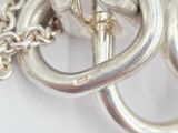 a close up picture of a silver brooch with a chain