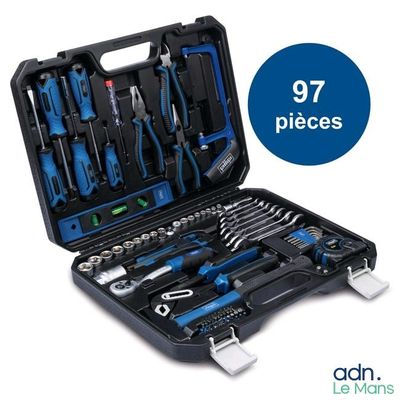 une image d'une trousse à outils dans un coffret, accompagnée de la mention « 37 pièces »