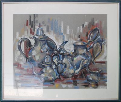 un tableau représentant un ensemble de théières et de tasses posées sur une table