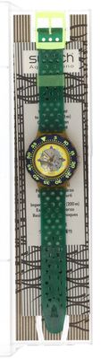 montre en plastique verte avec un cadran jaune et un bracelet vert