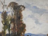 a painting of a group of trees in a field