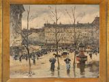 an image of a painting of people with umbrellas walking in the rain