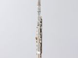 a silver flute on a clear stand against a white background