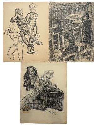 three drawings of a man and a woman sitting at a table