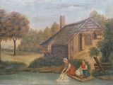 a painting of a woman and two children on a boat