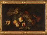 tableau représentant une nature morte composée de fruits et de fleurs, dans un cadre doré