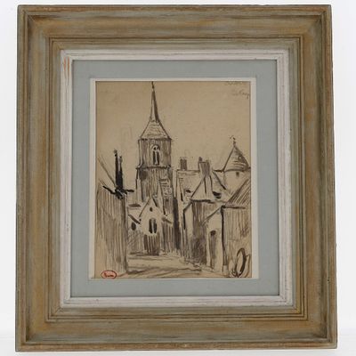 drawing of a church with a steeple and a steeple on the top