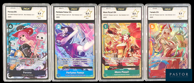 quatre cartes Pokémon différentes alignées sur un fond noir