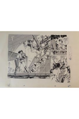 a black and white photo of a comic strip with a man and a woman