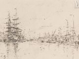 drawing of a harbor scene with a ship in the water