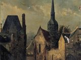 an old painting of a town with a church steeple and a flag flying in the sky