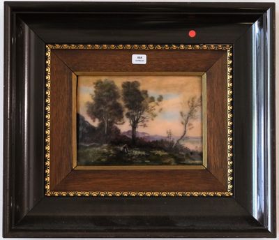 un tableau représentant un paysage avec des arbres et une rivière en arrière-plan