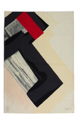 une peinture représentant un motif noir, rouge et blanc sur fond blanc