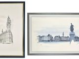 two framed pictures of a building and a statue in front of a clock tower