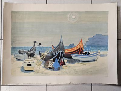 une image d'une peinture de bateaux sur la plage
