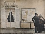 a painting of a man and a woman standing outside of a building