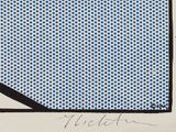 an image of a blue and white polka dot pocket square with a black border