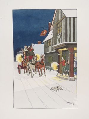 dessin représentant une calèche devant un bâtiment par temps de neige