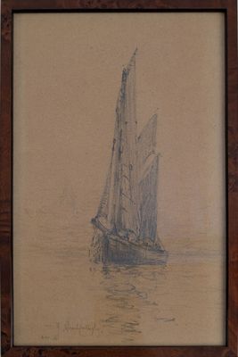 dessin représentant un voilier sur un plan d'eau, avec un cadre en bois